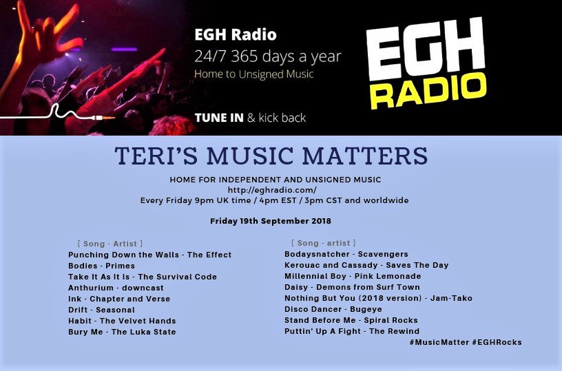 【TODAY】
Tune in to <a href="/EGHRadio/">EGH Radio</a> Teri's #MusicMatters 9pm UK time
🎧eghradio.com/player_stream/ 
feat
<a href="/TheEffectUK/">The Effect</a>
<a href="/Primes_Official/">Prime Token</a>
<a href="/TheSurvivalCode/">The Survival Code</a>
<a href="/downcastuk/">downcast</a>
#NewMusicAlert #independent #unsigned #EGHRocks
Details facebook.com/MusicMattersWi…