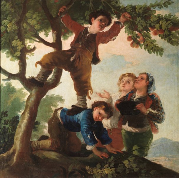 🎨 ‘Muchachos cogiendo fruta’ (1778)
Un niño, sobre las espaldas de otro, trepa a un árbol para sacudir una rama cargada de frutas. Otros las reciben en su sombrero. La estampa colgaba como decoración en el Palacio de El Pardo de #Madrid. Hoy 👉 <a href="/museodelprado/">Museo del Prado</a>. #Goya #Goyaysuobra
