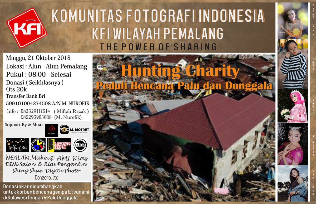 Kfipemalang's tweet photo. *Hunting Charity dan Penggalangan Dana  peduli Palu-Donggala*
*KFI Wilayah PEMALANG*

Hari/tanggal :
📆MINGGU, 21 Oktober 2018
🕘Pukul : 08.00 - selesai
🏢Tempat : Alun Alun Pemalang
💰 *Donasi Seikhlasnya* 💰
💵 *HTM. 20K* 💵 https://t.co/qF3ldWW2x4