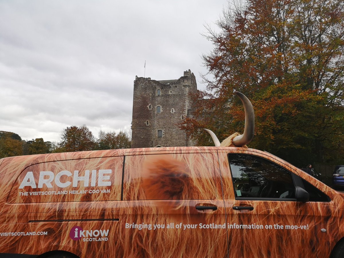 DiaryofaCooVan's tweet photo. Thank you to Doune Castle for having Archie the #CooVan yesterday. It was great to visit another of the Outlaw King filming locations. 
Archie was trying to hide in amongst all the autumn colours. Can you spot him? https://t.co/gYScpsRabL