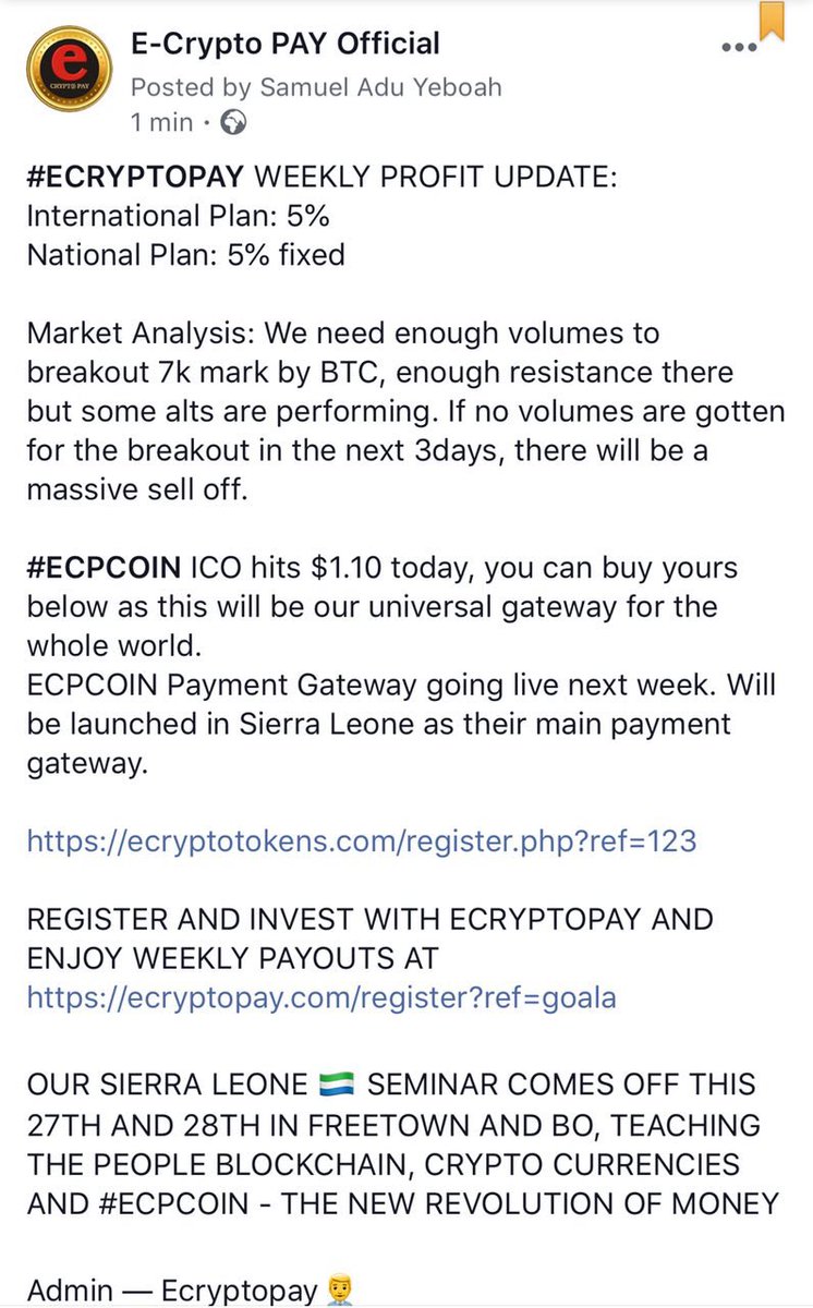 EcpEcryptopay's tweet photo. Everyday Friday is a Boom ๐ฅ Day all #ECRYPTOPAY investors.
#ECPCOIN
#ECPPAYS https://t.co/26upKrYY6d