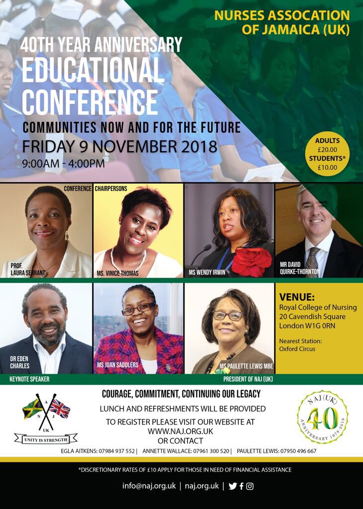 Join #cnobmesag in congratulating the Nurses Assoc of Jamaica (UK) at its 40th Anniversary. NAJ is hosting  a conference at RCN HQ to mark this significant milestone. ⁦<a href="/lauraserrant/">Prof. Laura Serrant CBE PhD</a>⁩ ⁦<a href="/joan_myers/">Dr Joan Myers OBE, QN, FQNI</a>⁩