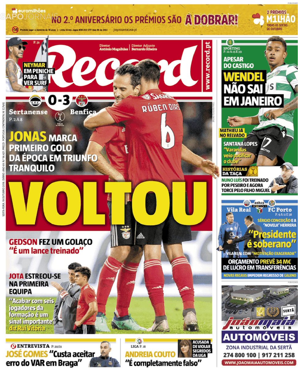 aportuguesa_'s tweet photo. Capas dos jornais desportivos 🗞️
dia 19 outubro, 2018

#LigaNOS #SportingCP #FCBenfica #FCPorto #Futebol #Desporto
@SLBenfica @FCPorto @Sporting_CP https://t.co/Knuzczrz5H