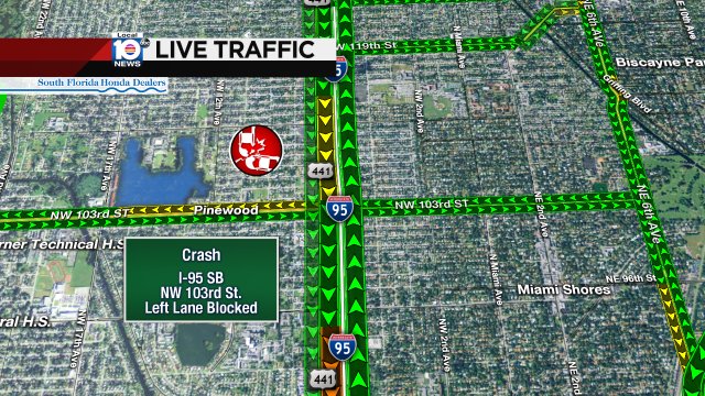 CRASH: I-95 SB & NW 103rd St. A left lane is blocked. #TRAFFIC #MIAMI https://t.co/FdKwmmZxWm
