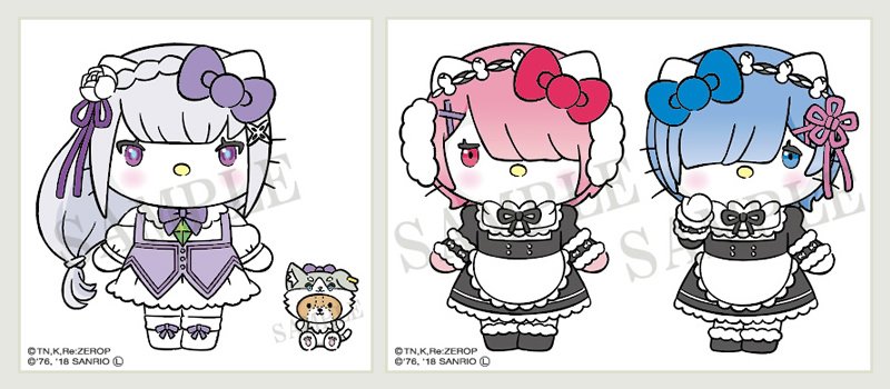 Re ゼロから始める異世界生活 公式 ハローキティとのコラボが決定 Re ゼロから始める異世界生活 Memory Snow の衣装のエミリア キティ ラム キティ レム ミミィとパックの着ぐるみを着たタイニーチャムです コラボ記念twitterアイコンの配布も始め