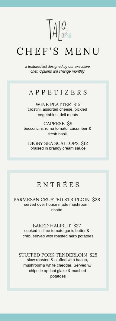 taloglacebay's tweet image. #NewTALOmenus are here! Lots to try!