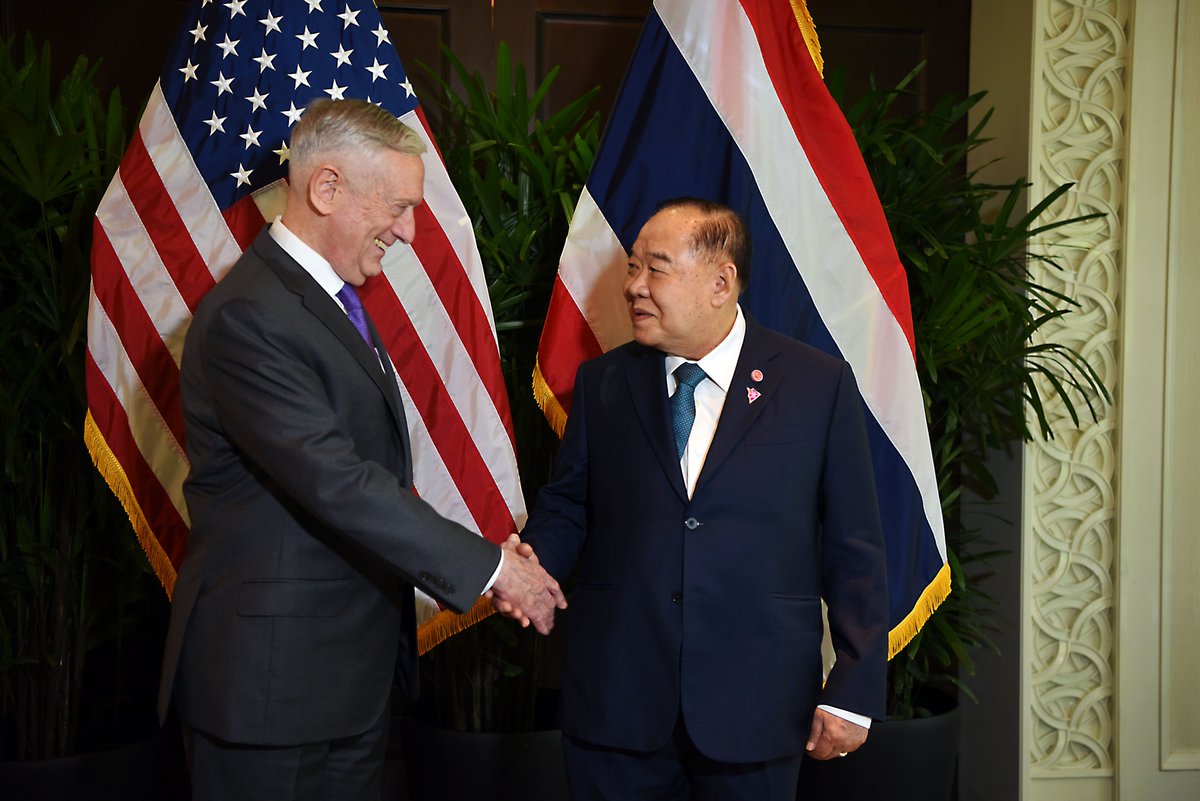 ChiefPentSpox45's tweet photo. #SecDef Mattis meets with #Thailand Deputy PM & #MinDef Gen. Prawit Wongsuwan & discussed ways to enhance U.S.-Thai defense cooperation. #ASEAN #DefMin #SecDefTravels https://t.co/Id1Xnyh2QC