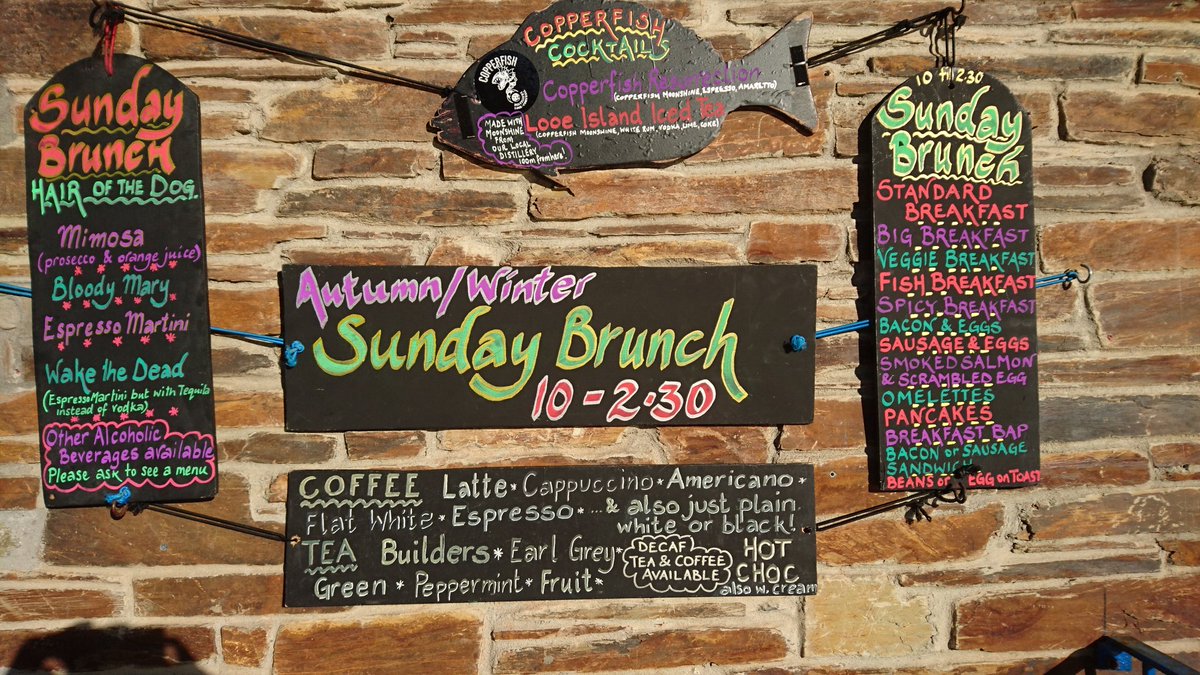 HarbourCafeLooe's tweet photo. The busy season is behind us but weather is still glorious, so join us for Sunday #brunch from 10 til 2.30! And as we're licensed, #hairofthedog might help your Sunday morning. Including the new #copperfish Resurrection! #lovelooe #Cornwall https://t.co/fopG4TTGzh