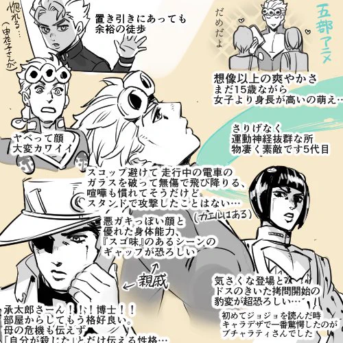 5部アニメ感想ちょっと
想像以上に爽やか&色っぽくて有難うございます!!!一族の運動神経の良さ&amp;からまれて無茶苦茶面倒そうな顔をする所大好き…アニメで拝めて非常に嬉しいです。今回も原作再現の凄さ、アニオリまでも本当に素晴らしかったです!!! 