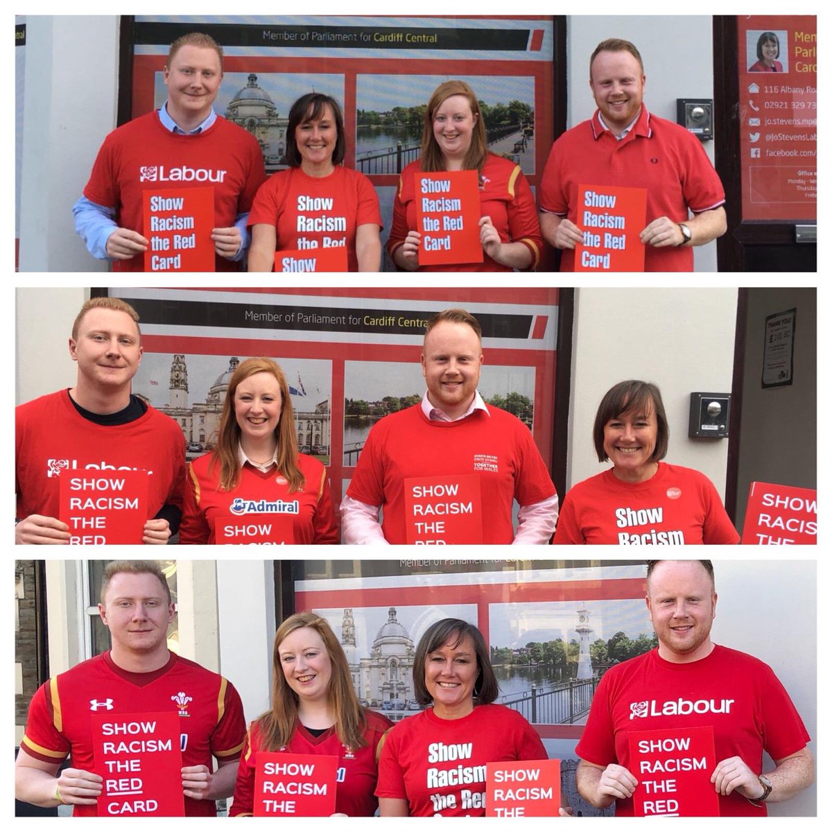 JoStevensLabour's tweet photo. A 3 year @theredcardwales @SRTRC_England #WearRedDay history of our #CardiffCentral office team #WRD16 #WRD17 #WRD18 Proud to be supporters of this wonderful anti racism education charity ♥️⚽️ https://t.co/CqqPGwg2Nu