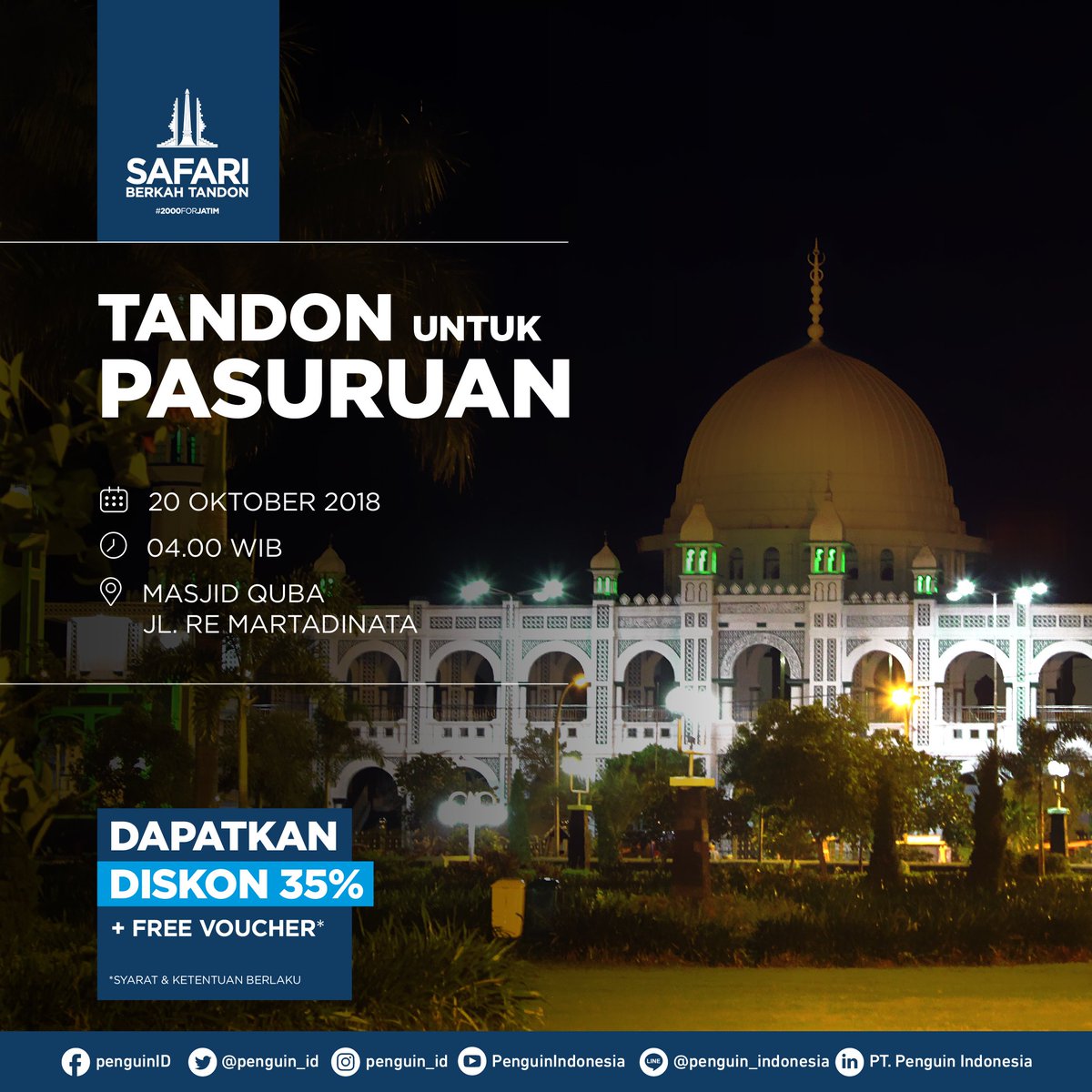 penguin_id's tweet photo. Safari Berkah Tandon hadir di #Pasuruan! Jangan sampai kelewatan ya #PenguinFriends. Ada DISKON 35%+FREE VOUCHER untuk pembelian produk Penguin, serta merchandise menarik GRATIS menanti kamu!
See you there PenguinFriends!
#Pasuruan #curcumaplus #tangkiair #tandonair https://t.co/QbDbY776zk