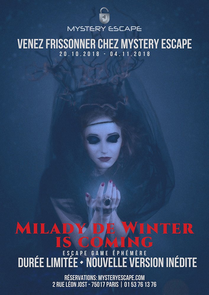MysteryEscapeFr's tweet photo. Fêtez #Halloween chez nous !
Du 20/10 au 4/11, découvrez nos deux jeux inédits "Milady de Winter is coming" et "Who's Jack?"

Pour l'occasion, on vous propose un petit #Concours :
RT+Follow+Commentez #Milady ou #Jack selon votre préférence.
Tirage au sort mardi à 12h! #EscapeGame https://t.co/XIm4wmhKr5