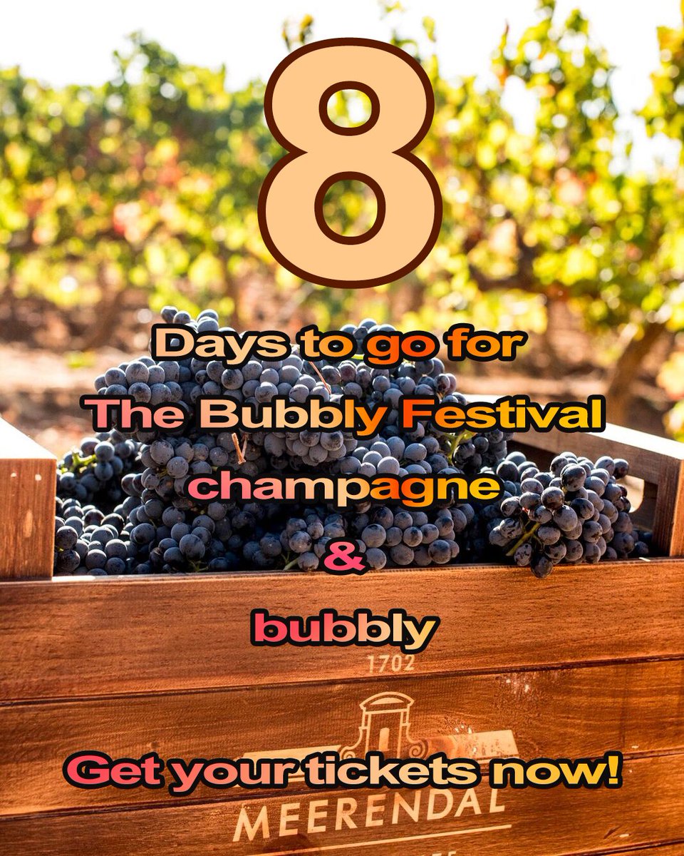 🍾🍾🥂🥂8 days to go!🍾🍾🥂🥂
Get your tickets today and stand a chance to win a bottle of bubbly. bit.ly/TheBubblyFesti…
General admission R360 and VIP admission R590

#EventsandMore #TheBubblyFestivalCPT #MeerendalWineEstate #Freshlyground #freshlygroundsa