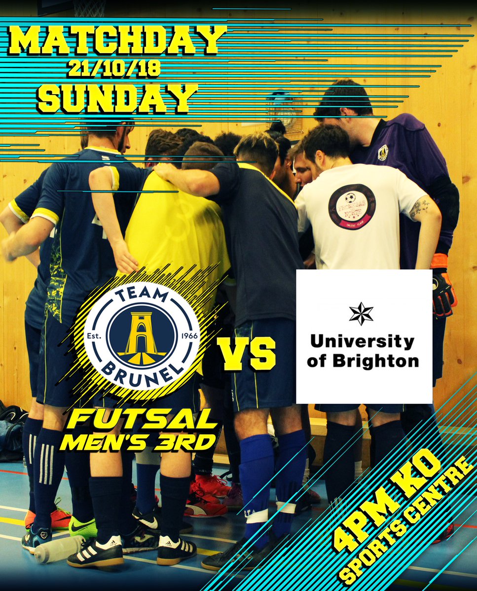 HOME FIXTURES 💪🏼🔥

📆 Sunday 21st of October

⚽️Men’s 1st vs Bournemouth 1st
📍Sports Centre Netball Hall
⏰ 4:30pm Kick Off 

⚽️Men’s 3rd vs Brighton’s 2nd
📍Sports Centre Sports Hall
⏰ 4pm Kick Off 

Come Support! 🙏🏼
#futsal #bruwhat #bucs #bucsfutsal <a href="/TeamBrunel/">TeamBrunel</a>