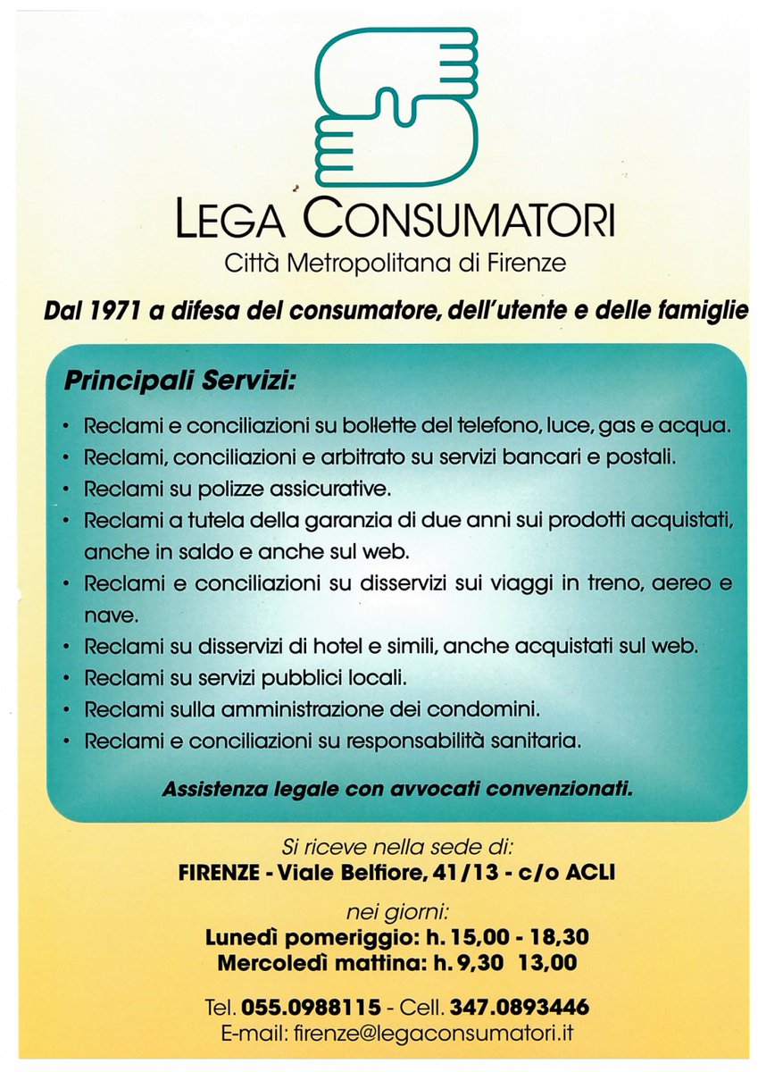 Apre oggi,in Viale Belfiore 41, la #legaconsumatori delle <a href="/AcliFirenze/">Acli Firenze</a>. L'associazione offre ai soci consulenza gratuita, prestata da operatori e professionisti volontari, in materia bancaria, assicurativa, familiare, condominiale, turistica, immobiliare e medica. @Acli #Firenze