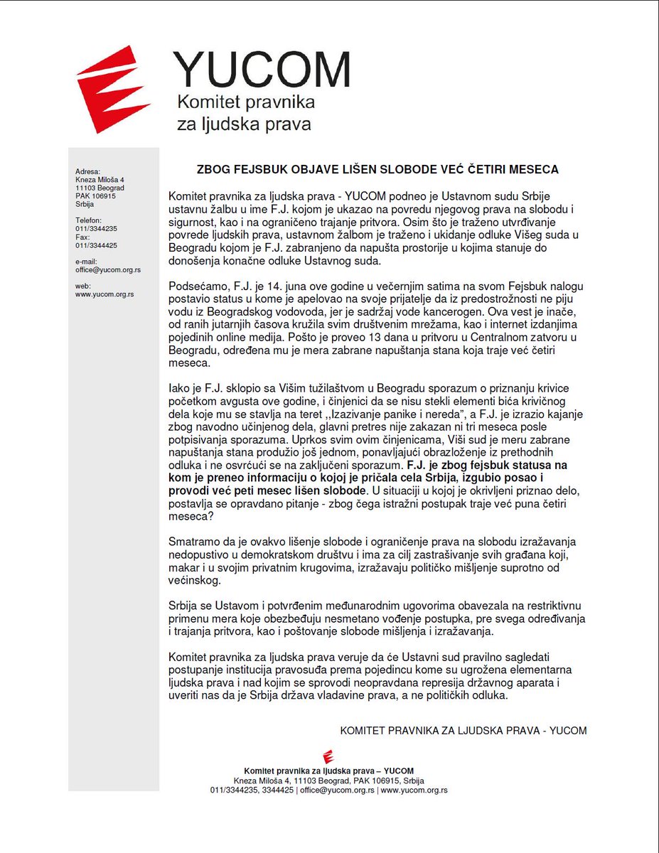 YUCOMoffice's tweet photo. Zbog fejsbuk objave lišen slobode već 4 meseca. 
Smatramo da je ovakvo lišenje slobode i ograničenje prava na slobodu izražavanja nedopustivo u demokratskom društvu i ima za cilj zastrašivanje svih građana koji izražavaju političko mišljenje suprotno od većinskog. https://t.co/jAibzxZaHN