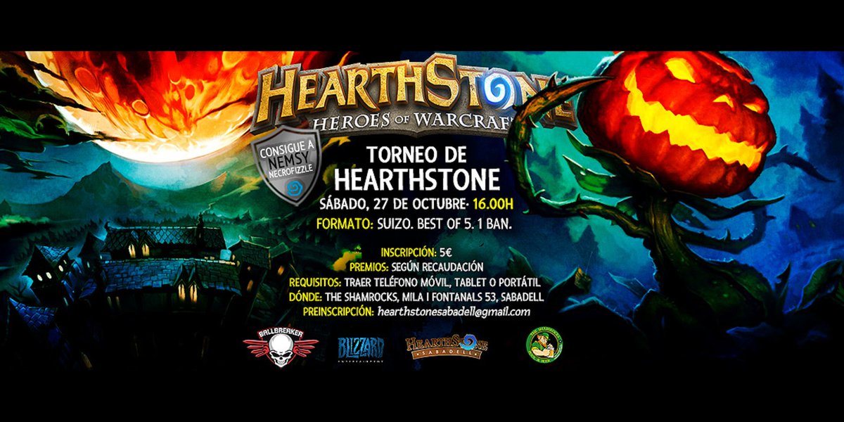 Cerramos este mes de octubre con torneíllo de halloween! No faltéis! Bo5 a las 16h sábado 27! <a href="/hearthstone_es/">Hearthstone España</a> <a href="/HSesports/">Hearthstone Esports</a> #firesidegatherings <a href="/FiresideGather/">Fireside Gatherings</a> #hstournament #Halloween <a href="/TSHAMROCKS/">THE SHAMROCKS</a>