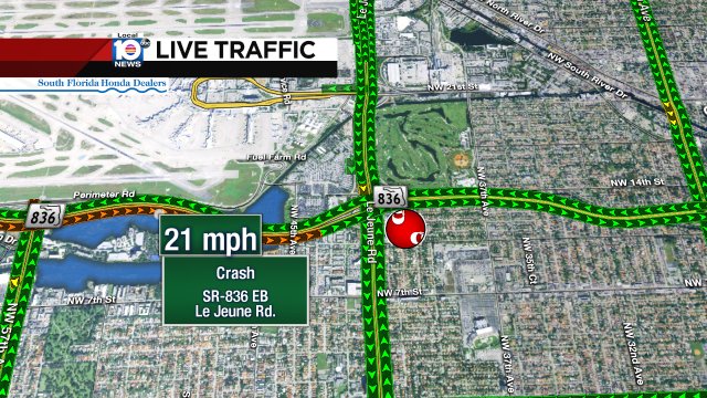 CRASH: SR-836 EB & Le Jeune Rd. Speeds slow on your approach at 21 MPH. #TRAFFIC #MIAMI https://t.co/029FPuSZDg