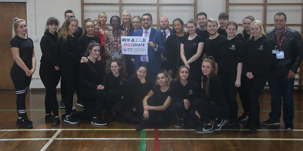BuryCouncil's tweet photo. Cllr Tamoor Tariq attended BSafeBCool event at Derby High School this week as part of National Hate Crime Awareness Week and watched Bury College drama students give a thought-provoking performance to year 9s. BSafeBCool in its 11th year. Great partnership work. #No2Hate https://t.co/A5V8Oaggxe