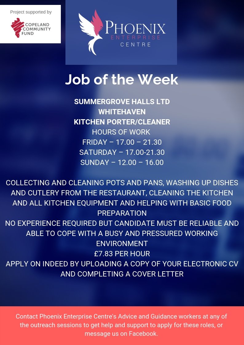 🏨 To apply, please pop in to any of our outreach centres so that we can review your CV. Project supported by the Copeland Community Fund - bit.ly/2FL02VS