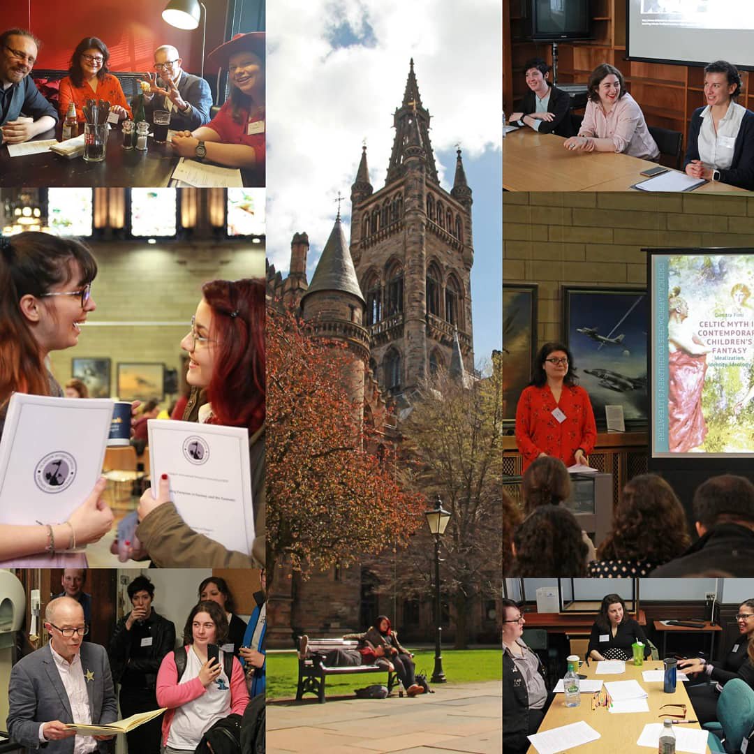 A collage of photos from last year, including guests of honour at the mid-event meal, last year's attendees in discussion, Dr. Rob Maslen singing, the tower of the University of Glasgow, panelists in discussion, Dr. Dimitra Fimi giving a talk, and discussions led by Angie Spoto at one of the writing workshops.