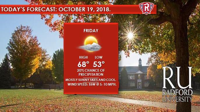 RUWeather1's tweet photo. Here is your #RadfordWeather forecast for Friday, October 19, 2018.
A mix of sun and clouds will be in place today, with a few light showers moving late tonight.
#HighlanderForecast https://t.co/DqlR1Q5qhS
