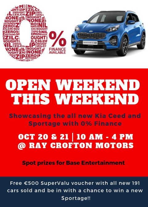 LtdCrofton's tweet photo. We've got an exciting weekend ahead at Ray Crofton Motors. 😍😍

Make sure to call into us on Saturday and Sunday between 10am and 4pm and see what's on offer.
Maybe take a test drive in a 2019 Sportage? Have some coffee? ☕☕ 😀
#FridayFeeling #Kia @kia_ireland https://t.co/OfACSsNX3p