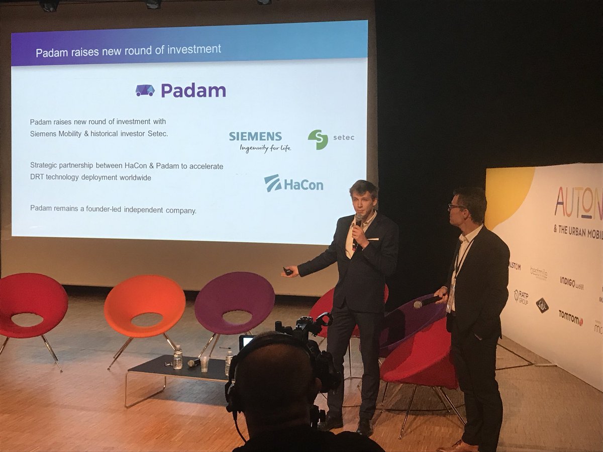 bbilloud's tweet photo. LT #Autonomy2018 Gregoire Bonnat introducing @padam_io French startup / on demand transit or #DRT #DemandResponsiveTransport #ResponsiveLocomotion working with #Hacon @Siemens Group https://t.co/LN2LxpdgXq