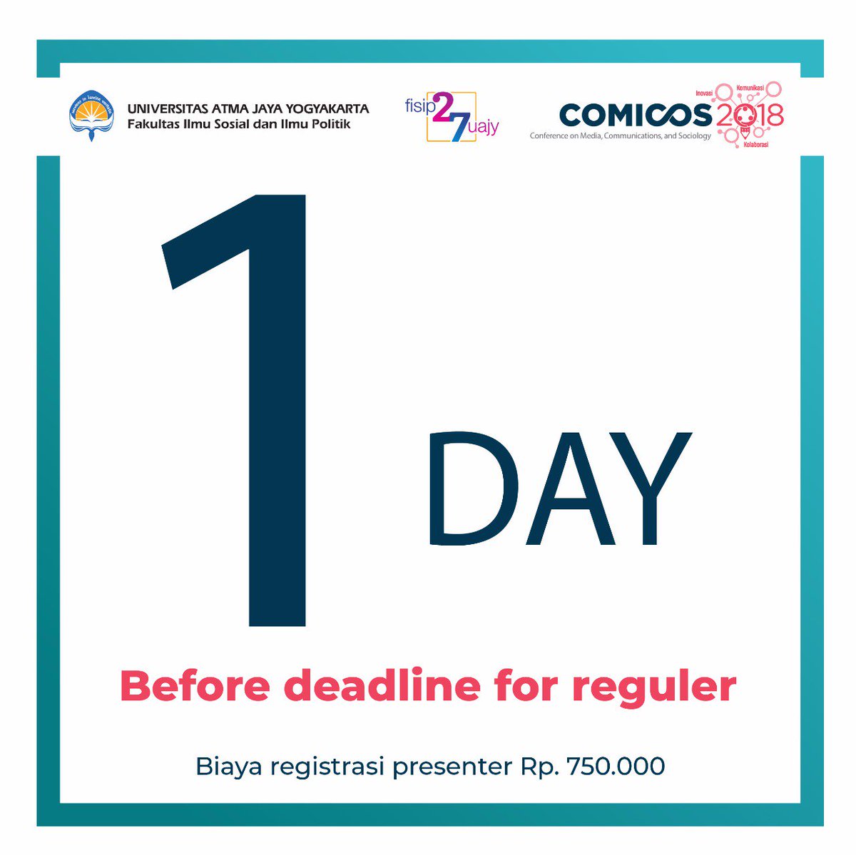 ComicosUAJY's tweet photo. Salam COMICOS! Deadline pengumpulan Fullpaper tersisa 1 hari lagi sampai tanggal 20 Oktober 2018 yang bisa dikirimkan ke comicosuajy@gmail.com beserta lampiran: bukti bayar, form kesediaan dimuat di e-proceeding atau jurnal, surat bebas plagiasi. Biaya registrasi ada di poster https://t.co/o2UcgKvfQe