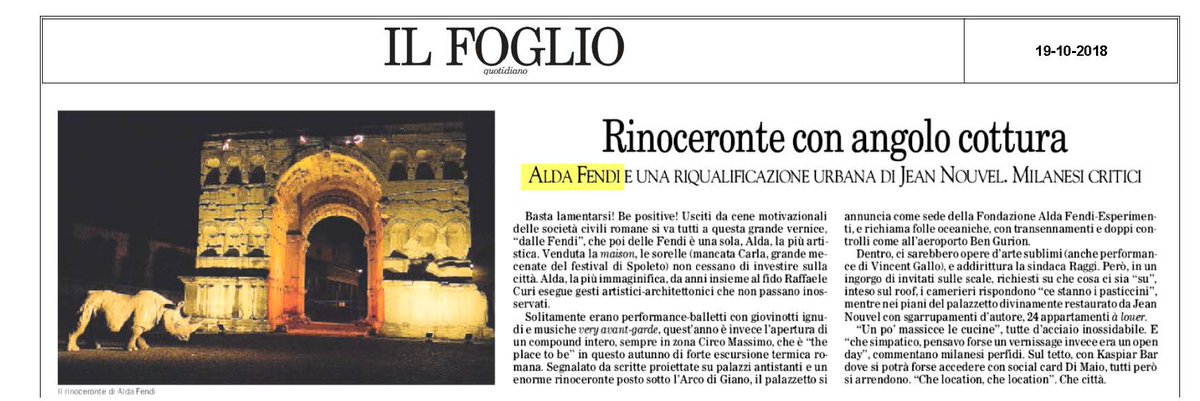 AFesperimenti's tweet photo. Su @ilfoglio_it, #rhinocerosroma come "the place to be" di questo autunno romano. #fondazionealdafendiesperimenti https://t.co/Tu8xxtdU0K
