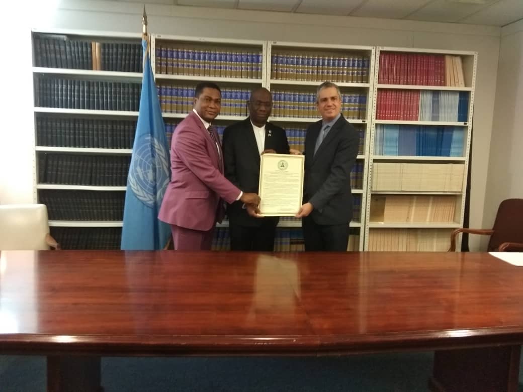 FRSCNigeria's tweet image. Corps Marshal @FRSCNigeria along with Amb. Bolaji Akinremi, presenting the instrument of accenssion on @UN Convention on Road Traffic personally signed by Mr. President @MBuhari  to Mr Santiago Villalpando, United Nations Chief Treaty Section Office of Legal Affairs.