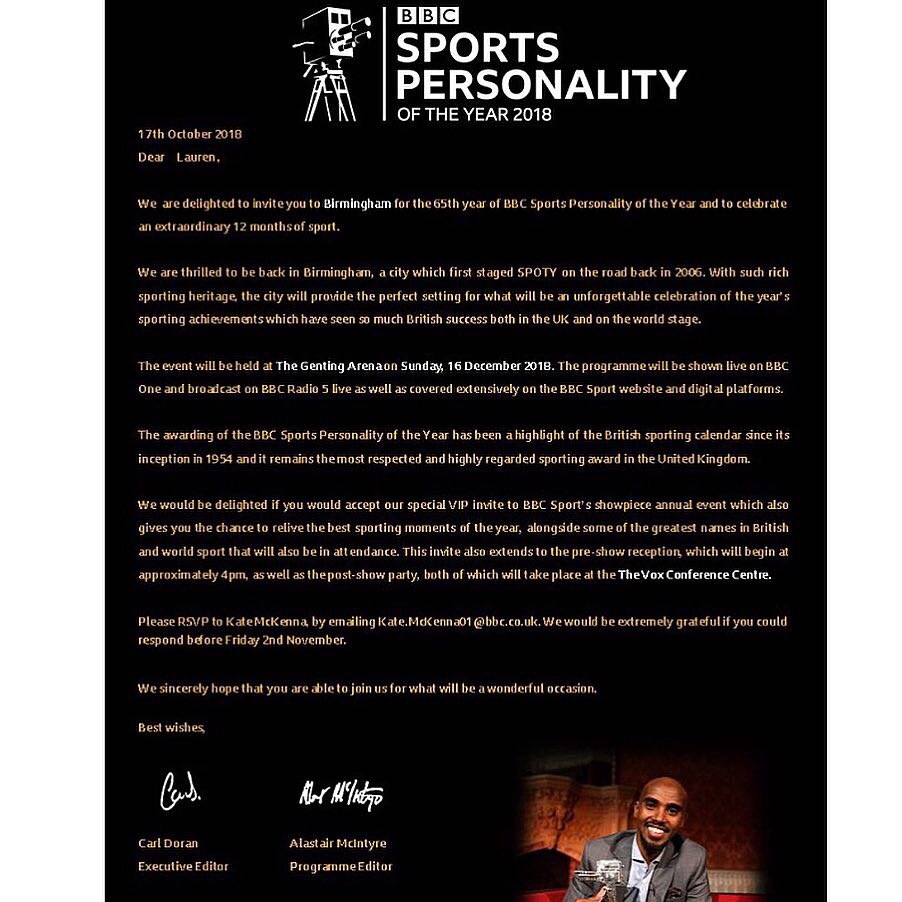 Honoured to be invited to sports personality of the year 2018 🙌🏼 #sport #celebrating #achievements #sportspersonality #commenwealthgames #teamwales #teamgb