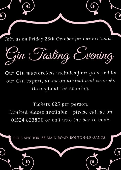 Anyone for gin? We are holding our fantastic gin event on Friday 26th October - contact us on 01524 823800 or pop in for more details. #boltonlesands #gin