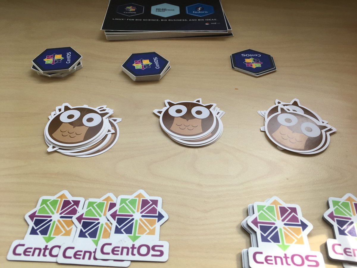 rainleander's tweet image. Only a few more stickers and magnets left ⁦@CERN⁩ #centosdojo #rdoday #tripleo #fedora #rhel ⁦@RDOcommunity⁩ ⁦@CentOSProject⁩