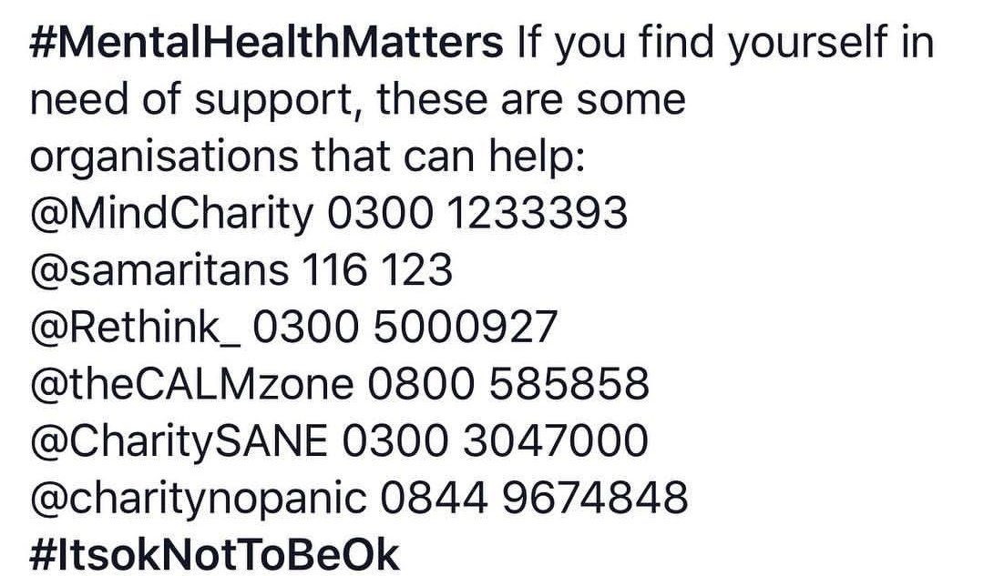 Hope everyone is having a good and happy holiday so far. If you are not having a happy one and need any support at all contact these numbers or send us a dm #itsokaynottobeokay #mentalhealth