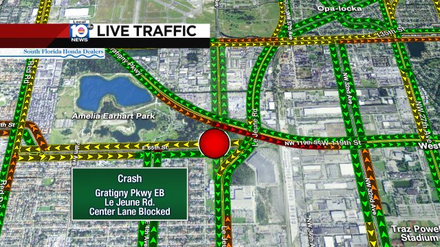 CRASH: Gratigny Pkwy EB & Le Jeune Rd. A center lane is blocked. #TRAFFIC #MIAMI https://t.co/tGHTF0qdUA