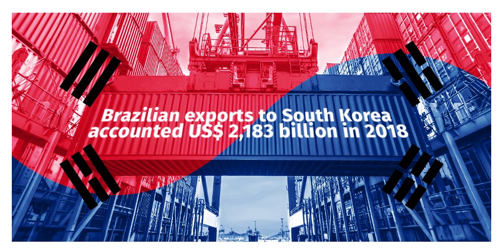 The image shows a container freight station colored with the colors of the South Korean flag: the upper part is red and the lower is blue. The meeting point of the two colors draw a wave and the black lines of the flag are also present. In the center, white letters read “brazilian exports to South Korea accounted US$ 2.183 billion in 2018”