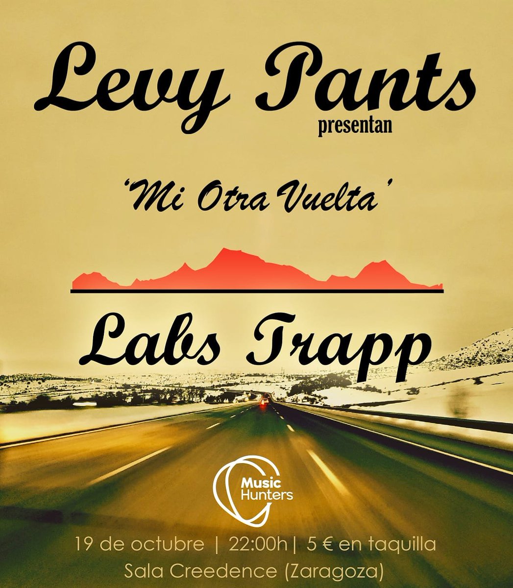 musichunters_es's tweet photo. Esta noche, los chicos de @Levypantszgz presentan 'Mi Otra Vuelta' en la @SalaCreedence (Zaragoza) junto a @LabsTrapp
Las entradas valen 5€ en taquilla 😊
#concierto #LevyPants #zaragoza #ConciertosenZaragoza #rock #indiemusic #emergentes https://t.co/X7wzUBdlqx