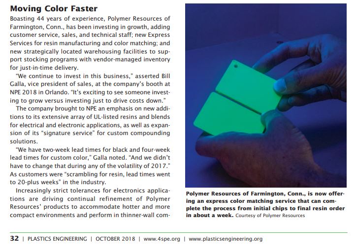 PolymerRes's tweet image. From initial chips to final resin orders, our
new Express #colormatching service can
complete the process in about one week.
Read all about it in Plastic Engineering
Magazine’s October issue:
goo.gl/WmVLrg #plastic #compound
#resin #NPE2018