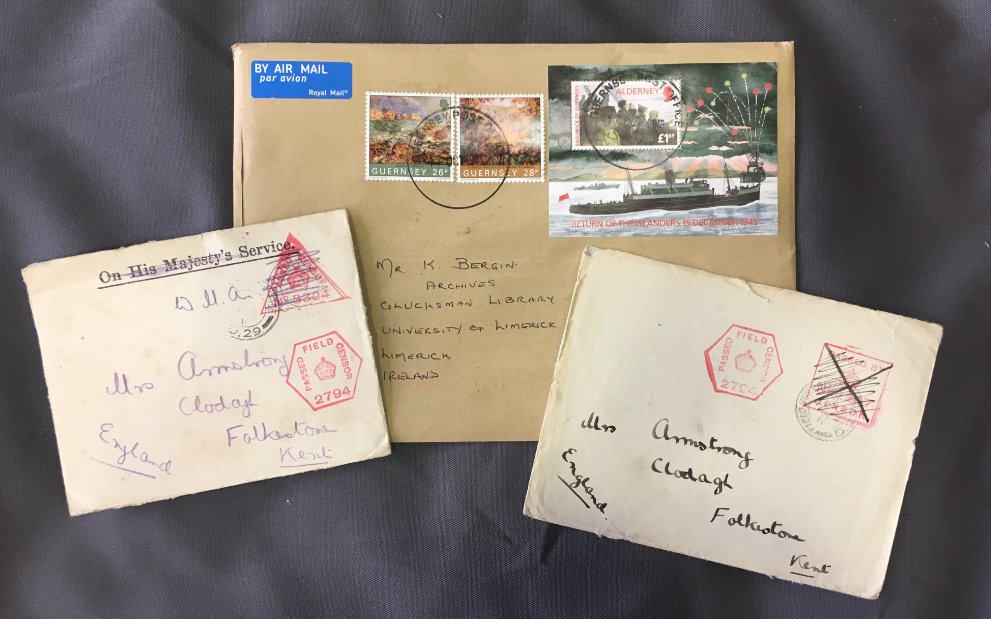 UL_SpecColl's tweet photo. Reunited at last! Two new items to add to our #ArmstrongCollection letters - envelopes from Capt Pat Armstrong to his mother, 1916, both with Crown censor marks... and the envelope they came in from Guernsey isn't half bad either! #stampcollection #SpecialCollections @ULLibrary https://t.co/cFAogpUls3