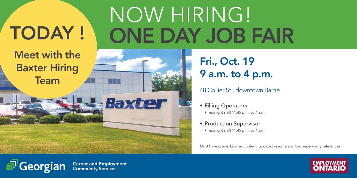 Don't miss out - the Baxter Hiring Team will be on-site from 9 a.m. to 4 p.m. to hire Production Supervisors and Filling Operators.