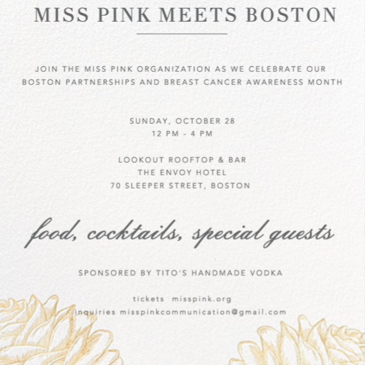 Miss Pink Meets #Boston by <a href="/MissPinkPageant/">Miss Pink Pageant</a>, sponsored by <a href="/TitosVodka/">TitosVodka</a> is happening on 10/28 at 12PM. Come and celebrate their Boston partnerships for #BreastCancerAwarenessMonth! Get your tickets here: ow.ly/geDa30mh2KX twtd.by/ImpactHubBOS/b…