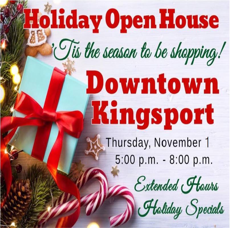 MARK YOUR CALENDARS! Holiday Open House is Nov. 1st in #DowntownKIngsport ! Walking downtown you'll find drinks,treats,&amp;some great deals in the downtown shops!It's a fun night out &amp; the perfect time to grab some gifts you can only find in Downtown Kingsport! #shoplocal