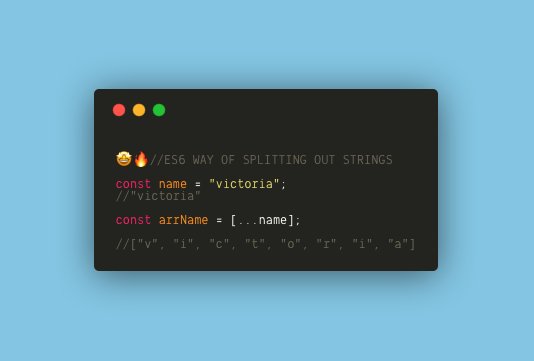 DailyVickys's tweet image. The other day I was practicing some #hackerank and found out the hottest way to split strings 🔥😱by accident. Splitting out strings couldn’t be more easier using this spread operator (...) #100daysofcode #learntocode #coders #es6