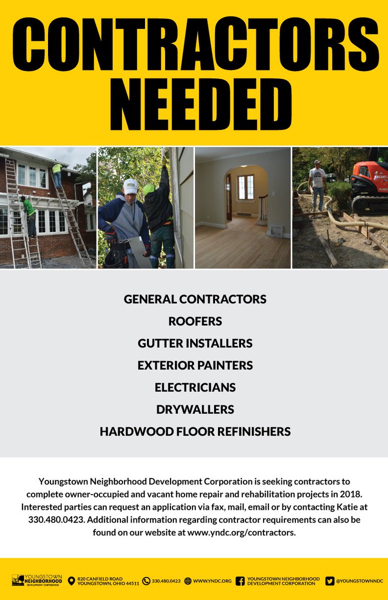 YoungstownNDC's tweet photo. YNDC is seeking general #contractors, #roofers, #GutterInstallers, exterior #painters, #electricians, #drywallers, & #HardwoodFloor refinishers to complete home repair & rehab projects! APPLY NOW and fill out the online application here: https://t.co/6Qo8pxQRyl https://t.co/GiJVTRYiwD