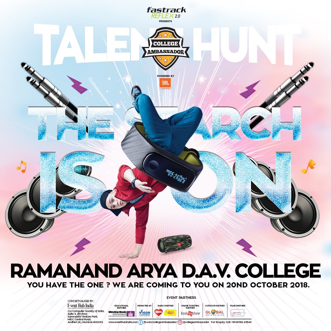collegeambsdr's tweet photo. Ramanand Arya D.A.V College, The search is on! 
do you have the one?? Let's find out on 19th October 2018.
Interested people can Register now at - https://t.co/2dys25NYrz
#collegeamabassador #betheone #fastrackreflex2.0 #fastrack #flashyourfastrack #music #art #radiomirchi https://t.co/oACWvi3Hz6