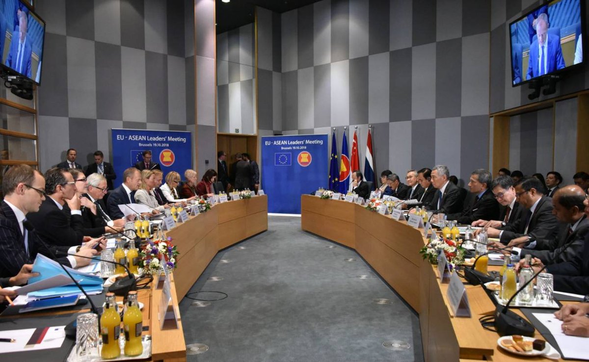 MFAThai's tweet photo. #ASEM12 has come to a close with #EU-#ASEAN Leaders' Meeting where PM Prayut attended in capacity of the next Chair of ASEAN. PM praised the development in ASEAN-EU strategic partnership and stressed the importance of #SustainableDevelopment with no one left behind (19 Oct 18) https://t.co/1nknIlyp10