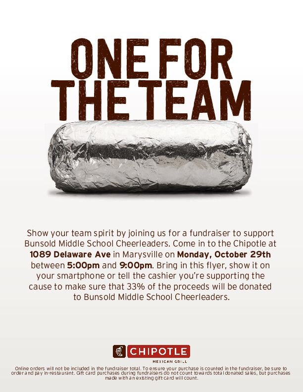 Let’s try this again! Our Chipotle fundraiser has been rescheduled for Monday, October 29 @ 5-9pm!  Support your BMS Cheerleaders! Go Monarchs! <a href="/BMSMonarchs/">BunsoldMSAthletics</a> <a href="/BunsoldMS/">BunsoldMS</a> <a href="/MEVSDAthletics/">Monarch Athletics</a> <a href="/MarysvilleEVSD/">Marysville Schools</a>