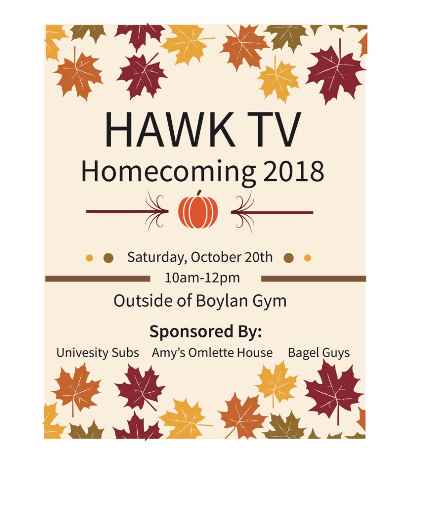 HawkTV12's tweet image. The Hawk TV Homecoming Broadcast is almost here!! Tomorrow from 10-12 outside of Boylan! We’ll be featuring a sports desk, alum interviews, and live music by @david__robson and @MalibuBandNJ 🤩