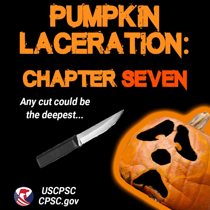 A pumpkin with a sad face and a knife being pointed at it. The text reads: Pumpkin Laceration: Chapter Seven. Any cut could be the deepest.